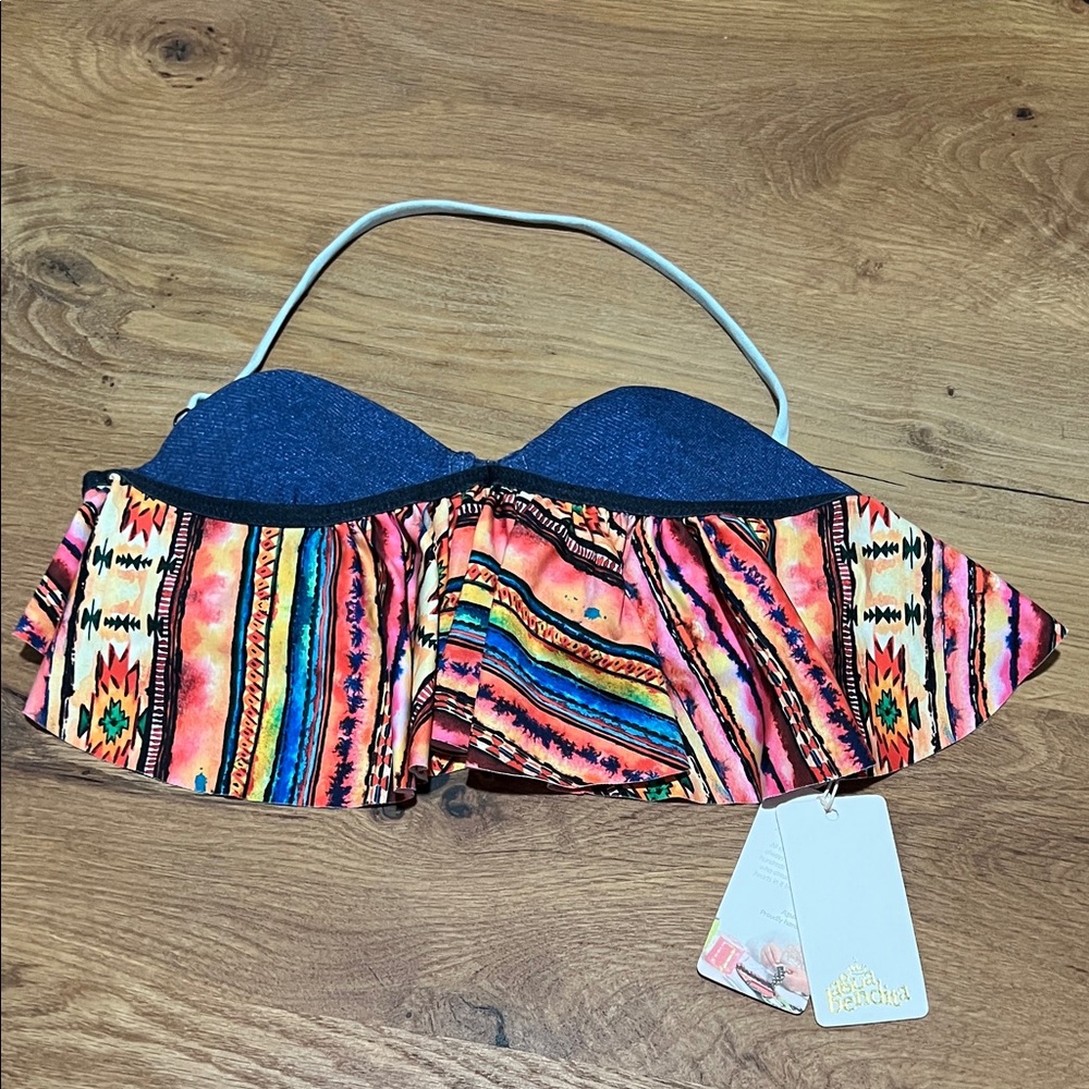 Agua Bendita Benito Utah Denim Ruffle Bandeau Bikini Top NWT Medium